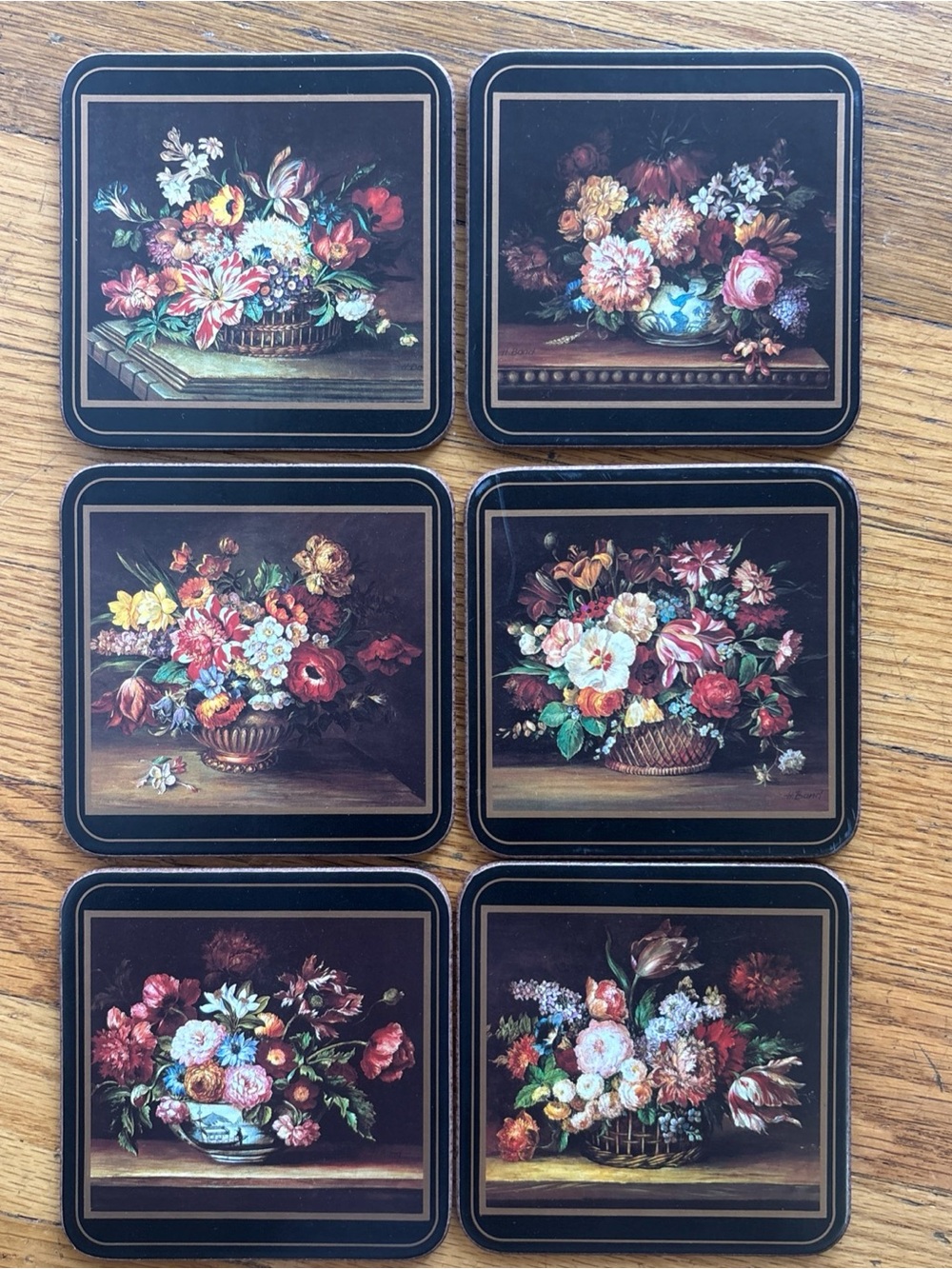 Vintage Pimpernel Flemish flowers, black coasters set of six cork backed